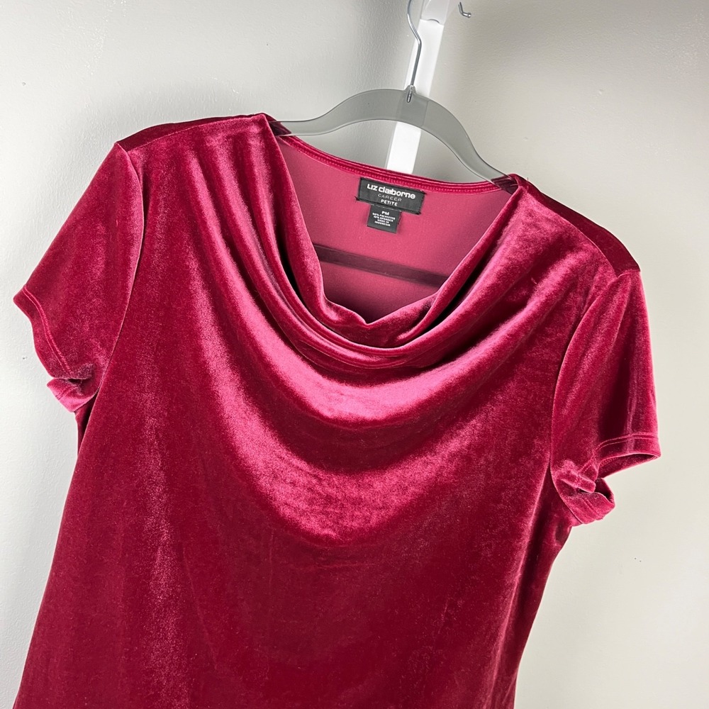 Liz Claiborne Career Velour Top Womens PM Cranberry Red Vintage Retro Whimsigoth